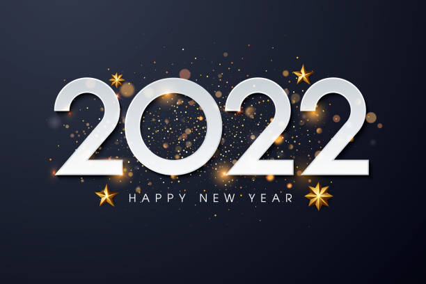ilustraciones, imágenes clip art, dibujos animados e iconos de stock de feliz año nuevo 2022. ilustración vectorial navideña de números metálicos dorados 2022 y patrón de brillos brillantes. saludos navideños. - happy new year