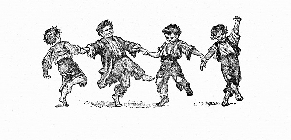 Four poor boys in tattered clothes dance. White background. Illustration published 1899. Source: Original edition is from my own archives. Copyright has expired and is in Public Domain.