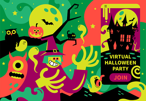 Happy Halloween Characters Vector Art Illustration.
Spooky happy witch invites you to join the Virtual Halloween Party on an App.