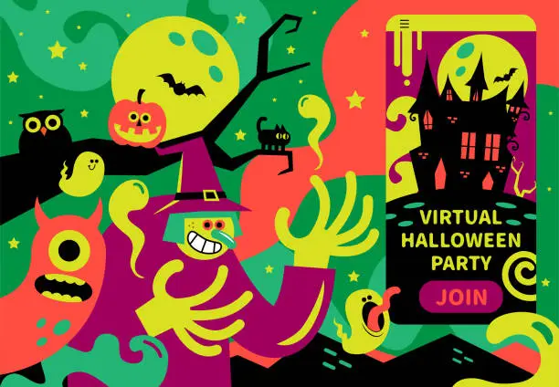 Vector illustration of Spooky happy witch invites you to join the Virtual Halloween Party on an App