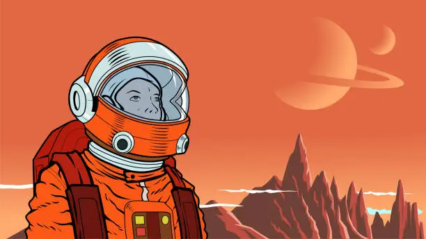 Vector illustration of Vector Retro Astronaut on a Planet Stock Illustration