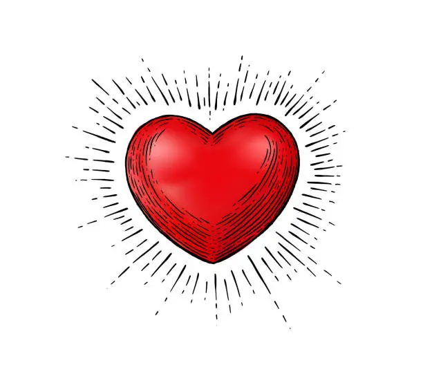 Vector illustration of Illustration with a red heart in hand-drawn retro engraving style.