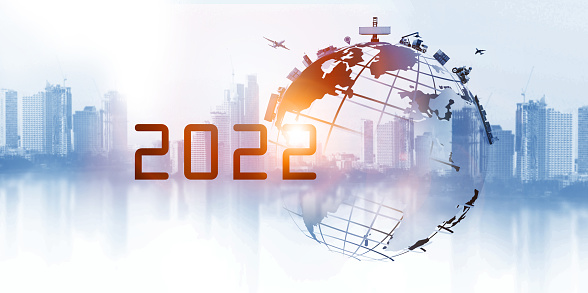 2022 new year plan for The world logistics , there are world map with logistic network distribution on background and Logistics Industrial Container Cargo freight ship for Concept