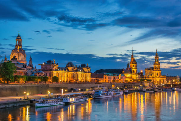 istock Dresden Germany, night city skyline at Elbe River and Augustus Bridge 1343071821