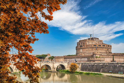 Rome Vatican, city skyline at Tiber River and Castel Sant'Angelo with autumn foliage season