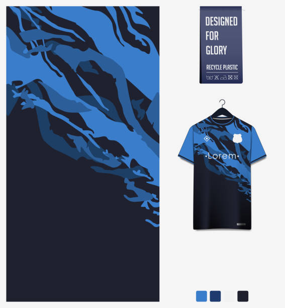 ilustrações de stock, clip art, desenhos animados e ícones de soccer jersey pattern design.  abstract pattern on blue background for soccer kit, football kit or sports uniform. t-shirt mockup template. fabric pattern. abstract background. - cycling vest