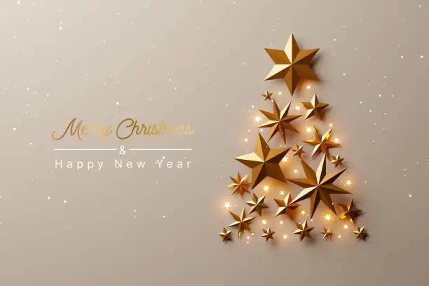 Christmas tree made of gold stars on luxury gold background. Christmas and happy new year concept. 3d rendering illustration