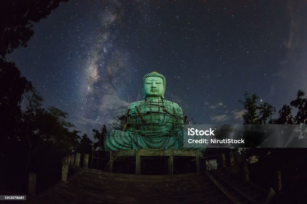 Daibutsu or 'Giant Buddha"u2019. Daibutsu or 'Giant Buddha' is a Japanese term often used informally for a large statue of Buddha, Time lapse Giant Buddha with milky way moving in sky at night, Mae Tha District, Lampang Province. Temple - Building Stock Photo