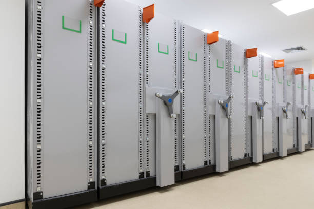 istock A row of empty revolving metal storage cabinet. 1343078688
