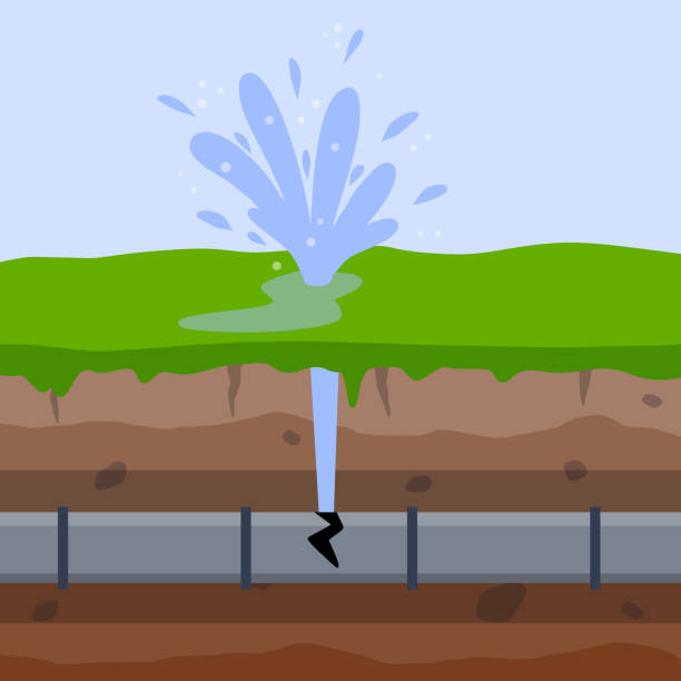 ilustrações de stock, clip art, desenhos animados e ícones de pipeline in underground. breakthrough and leaking. sewage system. sewer accident and water main break. layer of earth and soil in section. water fountain. - water pipe sewer pipeline leaking