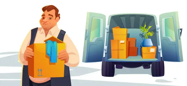 Vector illustration of Move to new house, relocation. Man loading boxes