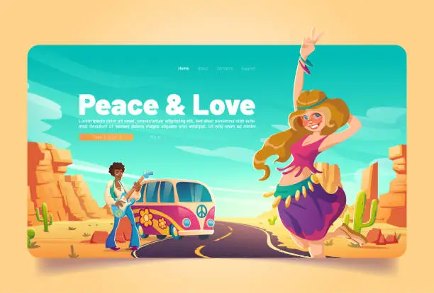 Vector illustration of Peace and love banner with hippie in desert