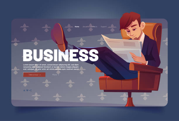 biznesmen czyta gazetę kreskówki landing page - reading newspaper men magazine stock illustrations