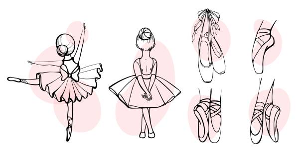 illustrations, cliparts, dessins animés et icônes de ballet set contour avec ballerines et chaussures à pointes - danse classique