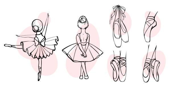 illustrazioni stock, clip art, cartoni animati e icone di tendenza di contorno del set di balletto con ballerine e scarpe da punta - danza classica