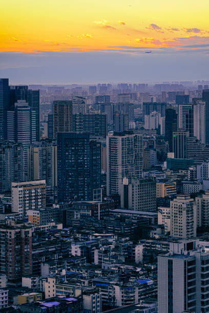 istock Modern urban architecture with dense cloud burning at dusk 1343082531