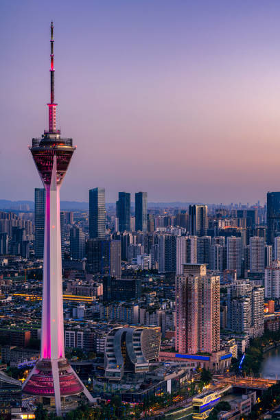 istock Modern urban architecture with dense cloud burning at dusk 1343082770