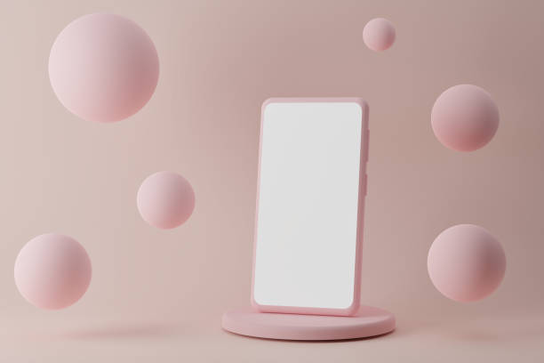 istock Modern smartphone on podium with flying bubbles on pink background, 3d render 1343083691