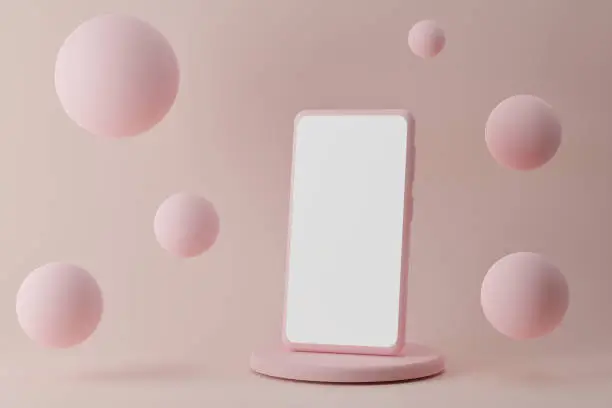 Photo of Modern smartphone on podium with flying bubbles on pink background, 3d render