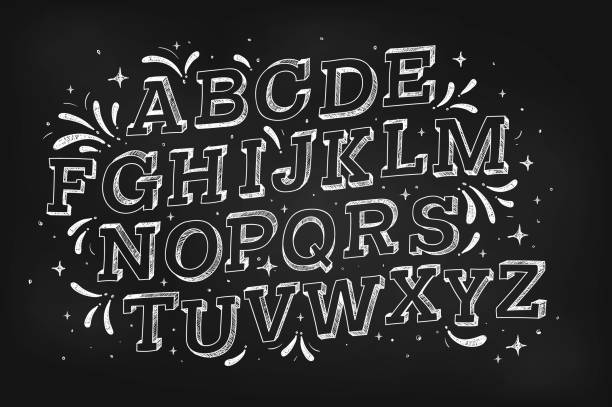 ilustrações de stock, clip art, desenhos animados e ícones de font pencil vintage alphabet drawing with chalk on chalkboard background. - blackboard