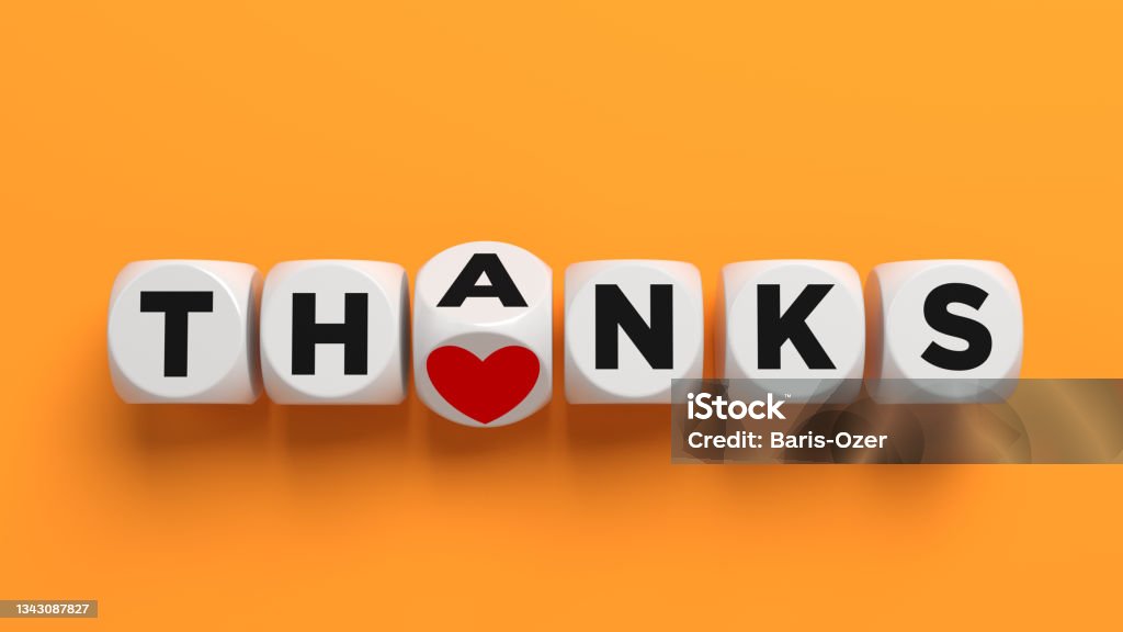 Thanks, text and white-colored cubes. Thanks, text and white-colored cubes. On Orange colored background. Horizontal composition with copy space. Isolated with clipping path. Thank You - Phrase Stock Photo