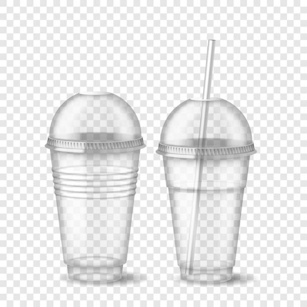Realistic 3d empty clear plastic disposable cup with sphere dome cap and straw isolated Realistic 3d empty clear plastic disposable cup with sphere dome cap and straw isolated on transparent background. Template of drink packaging mockup. Vector illustration glass of milk transparent background stock illustrations