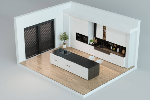 3d-modellküche auf grauem hintergrund - blinds showcase interior home decorating window stock-fotos und bilder