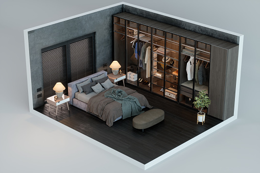 Dormitorio modelo 3D sobre fondo gris photo