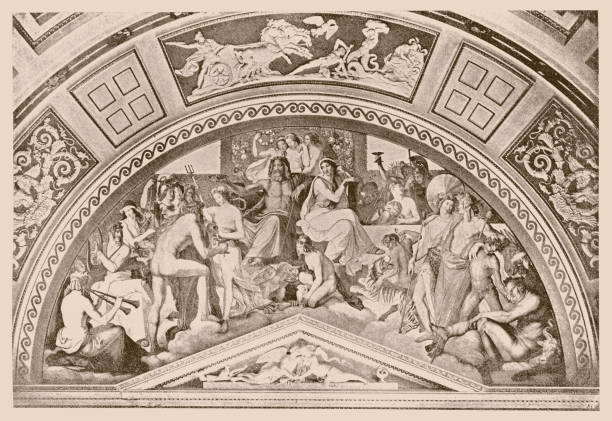 Peter von Cornelius: From the frescoes in the Munich Glyptothek. Greek gods in the Olymp Illustration of a Peter von Cornelius: From the frescoes in the Munich Glyptothek. Greek gods in the Olymp ancient history stock illustrations