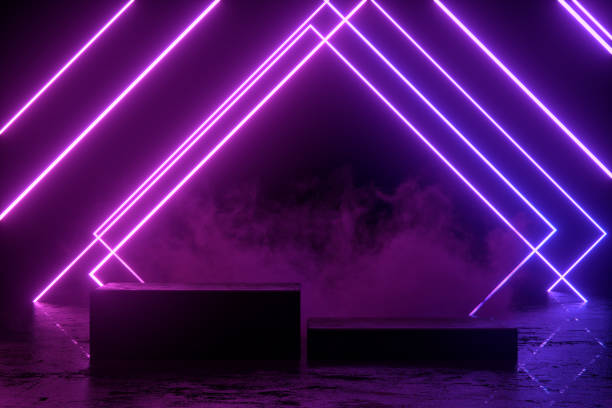 istock Empty Product Stand, Podium, Platform in Dark Room with Ultraviolet Neon Laser Glowing Lines 1343090741