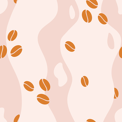 Vector Coffee Beans with Wavy Loose Stripes in Pink and Orange seamless pattern background.