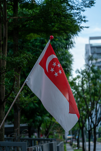Singapore national flag waving, National Day celebrations. Vertical shot