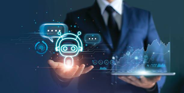 Businessman holding digital chatbot are assistant conversation for provide access to data growth of business in online network, Robot application and global connection, AI, Artificial intelligence. stock photo