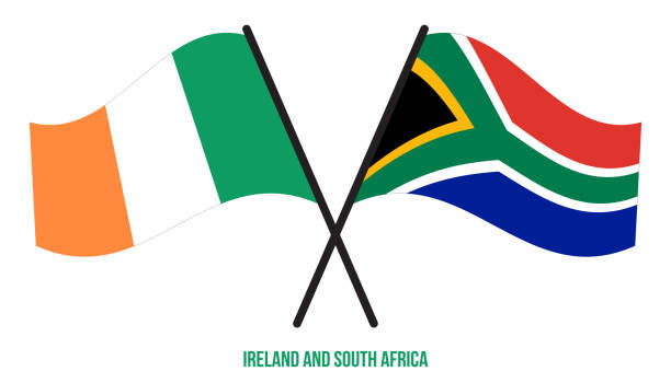 아일랜드와 남아프리카 공화국 국기는 교차하고 플랫 스타일을 흔들. 공식 비율. 올바른 색상입니다. - ireland south africa stock illustrations
