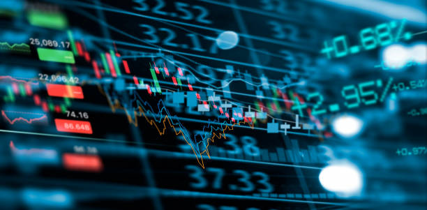 mercado de valores comercial y financiero, gráfico económico con diagramas, inversión comercial y comercio de acciones en fondo oscuro. - trading floor fotografías e imágenes de stock