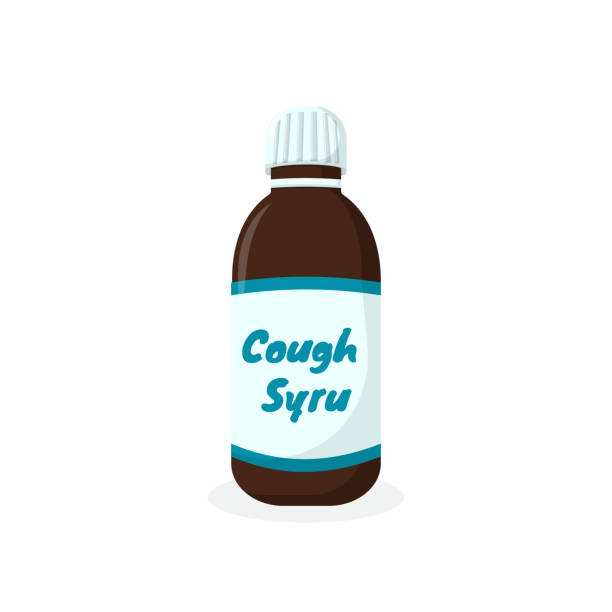 ilustrações de stock, clip art, desenhos animados e ícones de cough syrup in bottle isolated on white background. liquid medicine for sore throat, cold, flu and other respiratory tract infection. vector cartoon illuctration. vector illustration - 2322