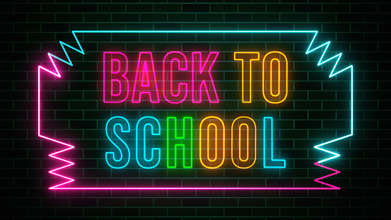 Colorful Back To School Lettering Glowing Neon Sign Inside Neon Light Zigzag Straight Line Frame On Dark Green Brick Wall Background Design