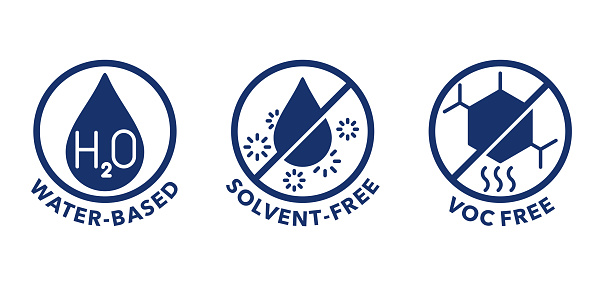VOC free, Solvent free and Water based flat icons set for labeling of cleaning agent or other household chemicals