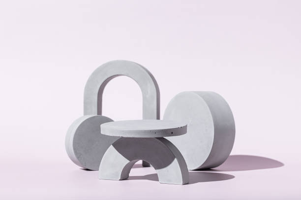istock Abstract background with minimal podium scene with gray geometric forms. Stands and arch to show cosmetic products 1343101319