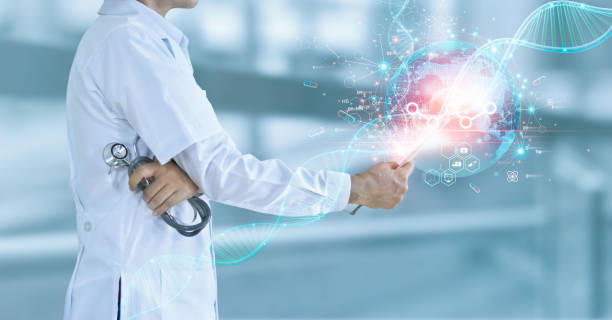 istock Doctor using tablet on medical interface icon. Digital healthcare and network connection on hologram of electronic medical record. Innovation. Medical healthcare research and development concept 1343101324