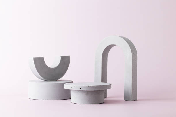 istock Abstract background with minimal podium scene with gray geometric forms. Stands and arch to show cosmetic products 1343101345