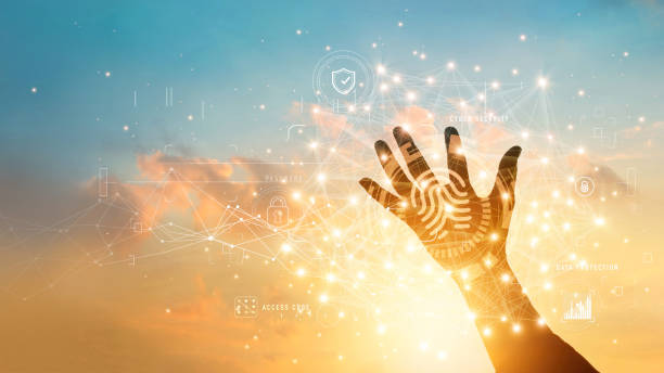 istock Hand with fingerprint identification to access personal business data. Idea for E-kyc (electronic know your customer). Biometrics security. Technology intelligent safety and cyber secure data exchange 1343102656