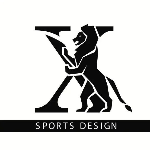 Vector illustration of Letter X with Lion. Sporty Design. Creative Black Logo with Royal Character. Animal Silhouette. Stylish Template for Brand Name, Sports Club, Business Cards, Printing on Clothing. Vector Illustration