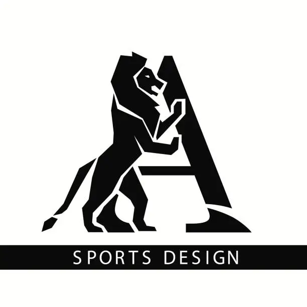 Vector illustration of Letter A with Lion. Sporty Design. Creative Black Logo with Royal Character. Animal Silhouette. Stylish Template for Brand Name, Sports Club, Business Cards, Printing on Clothing. Vector Illustration
