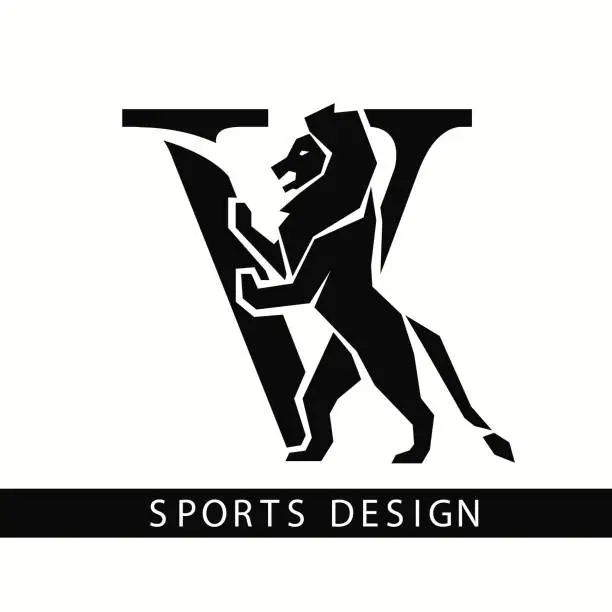 Vector illustration of Letter V with Lion. Sporty Design. Creative Black Logo with Royal Character. Animal Silhouette. Stylish Template for Brand Name, Sports Club, Business Cards, Printing on Clothing. Vector Illustration