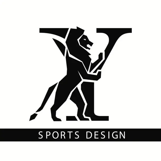 Vector illustration of Letter Y with Lion. Sporty Design. Creative Black Logo with Royal Character. Animal Silhouette. Stylish Template for Brand Name, Sports Club, Business Cards, Printing on Clothing. Vector Illustration