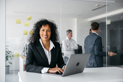 A cheerful business woman is working on her computer while looking at the camera. Her colleagues are visible in the background. Horizontal daylight indoor photo.