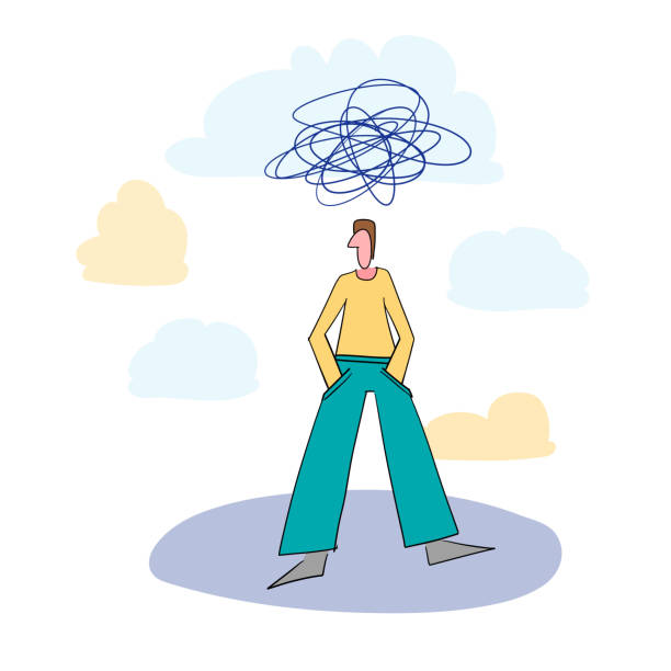 istock Cartoon depressed vector man  walks on the abstract background.  Frustrated man. 1343106008