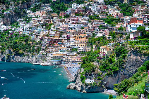 Aerial view of Positano in summer season, Amalfi coast, Italy