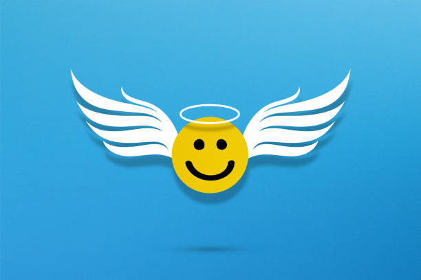 Happy smiley face emoticon with angel wings on blue background